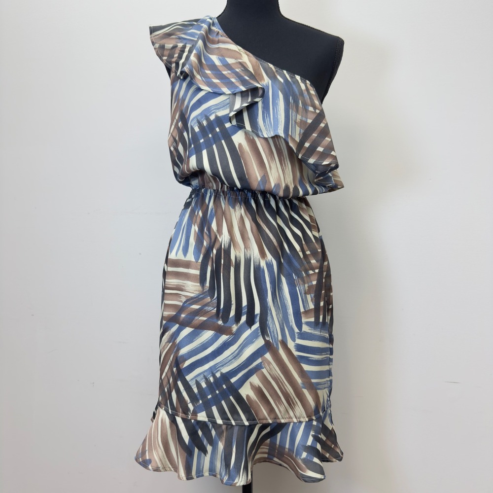 NWT $99 Banana Republic‎ Dress One Shoulder Ruffle Abstract Blue Brown Size 2